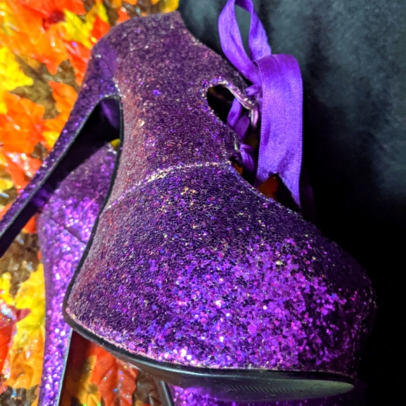 Purple Sparkle Bordellos with toe cut out ribbon detail size 9 burlesque goth - Picture 6 of 8
